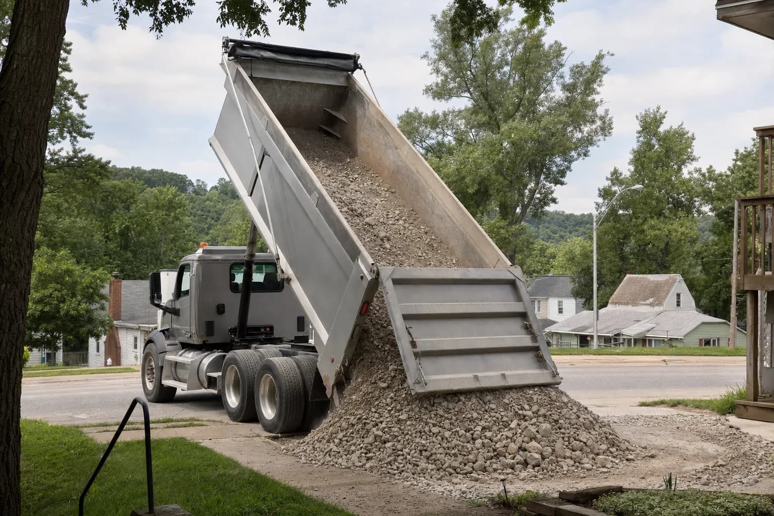Dump truck delivering gravel to a residential property